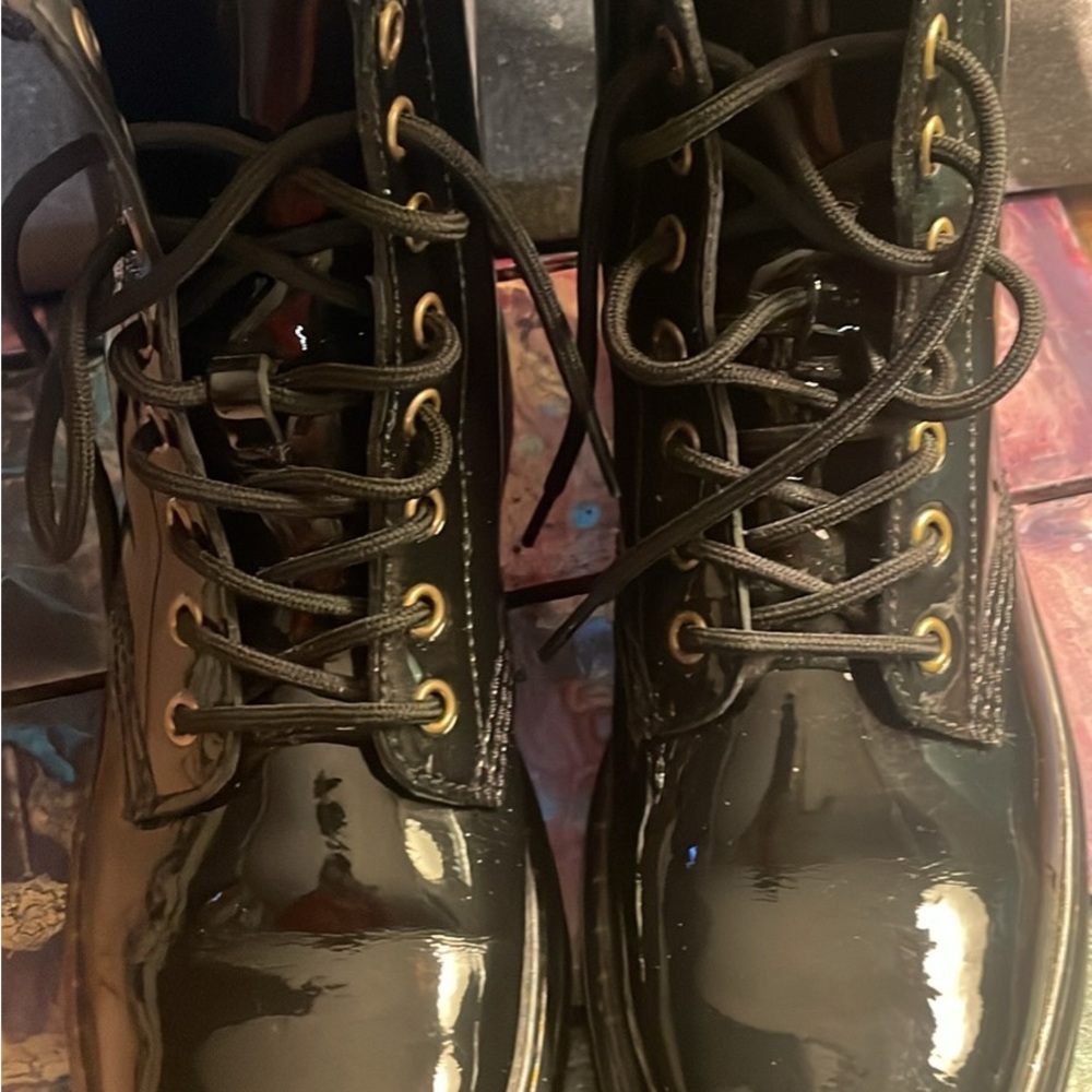 Black Patent Leather Lace-Up Boots